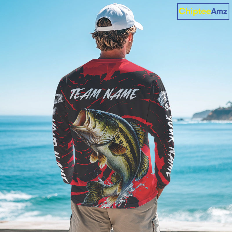 Custom Largemouth Bass Fishing Shirts Long Sleeve – Performance Tournament Jersey For Men| Red NHT769