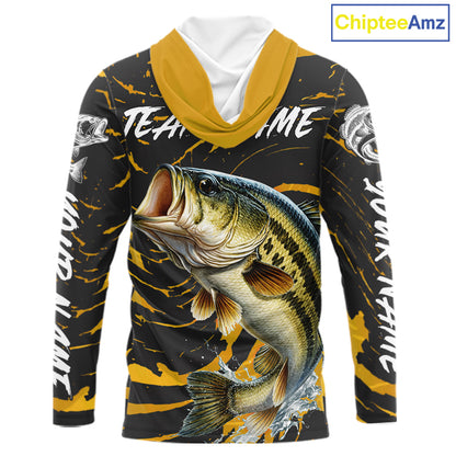 Custom Largemouth Bass Fishing Shirts Long Sleeve Hooded – Performance Tournament Jersey For Men| Yellow NHT770