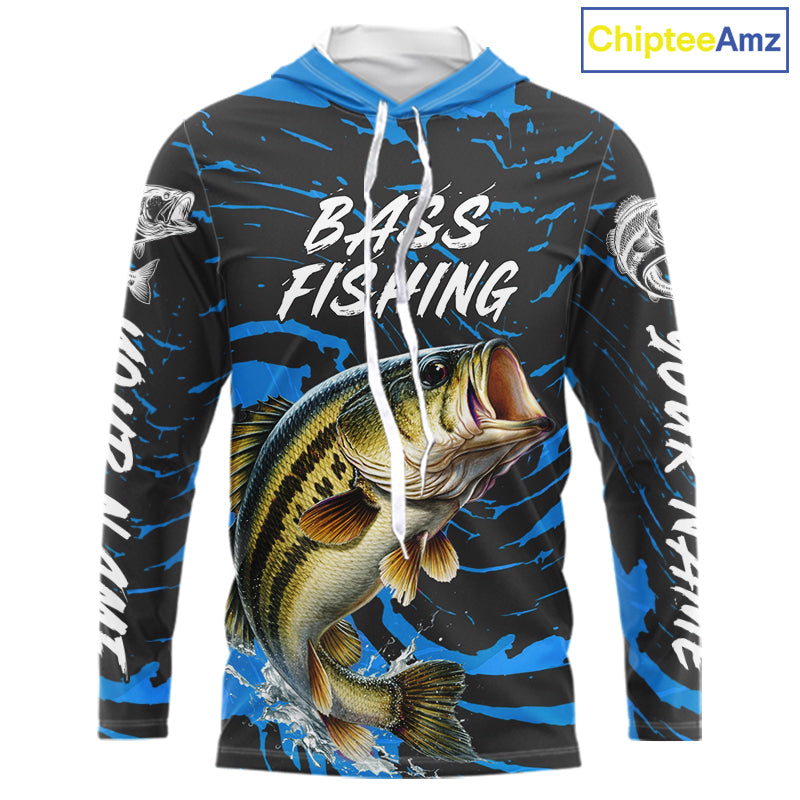 Custom Largemouth Bass Fishing Shirts Long Sleeve Hooded – Performance Tournament Jersey For Men| Blue NHT771