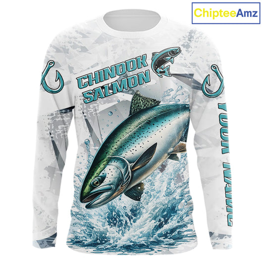 Personalized Chinook Salmon Fishing Jerseys, Salmon Long Sleeve Fishing Shirts For Men NHT571
