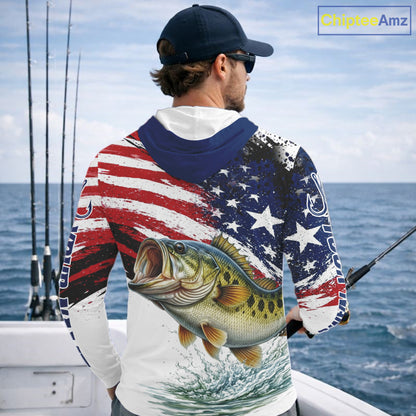 Personalized Patriotic Bass Fishing Shirts Long Sleeve Hooded, American Flag Fishing Jerseys For Men NHT773