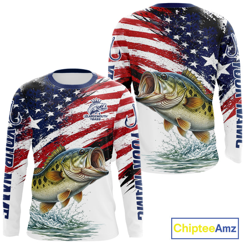 Personalized Patriotic Bass Fishing Shirts Long Sleeve, American Flag Fishing Jerseys For Men NHT773