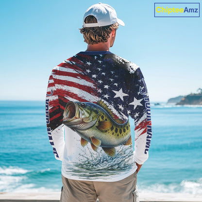 Personalized Patriotic Bass Fishing Shirts Long Sleeve, American Flag Fishing Jerseys For Men NHT773