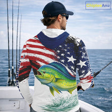 Load image into Gallery viewer, Personalized Patriotic Mahi Mahi( Dorado) Fishing Shirts Long Sleeve Hooded, American Flag Fishing Jerseys For Men NHT775