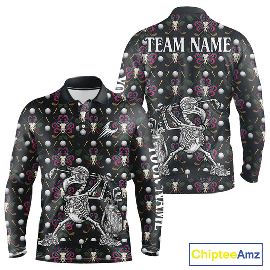Dark Skull Golf Polo Shirt – Gothic Skeleton Flamingo Pattern Funny Golf Shirt For Men NHT781