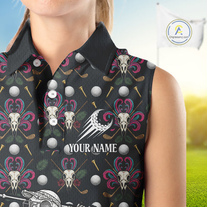 Dark Skull Sleeveless Womens Golf Polo Shirt – Gothic Skeleton Flamingo Pattern Funny Golf Shirt For Women NHT781
