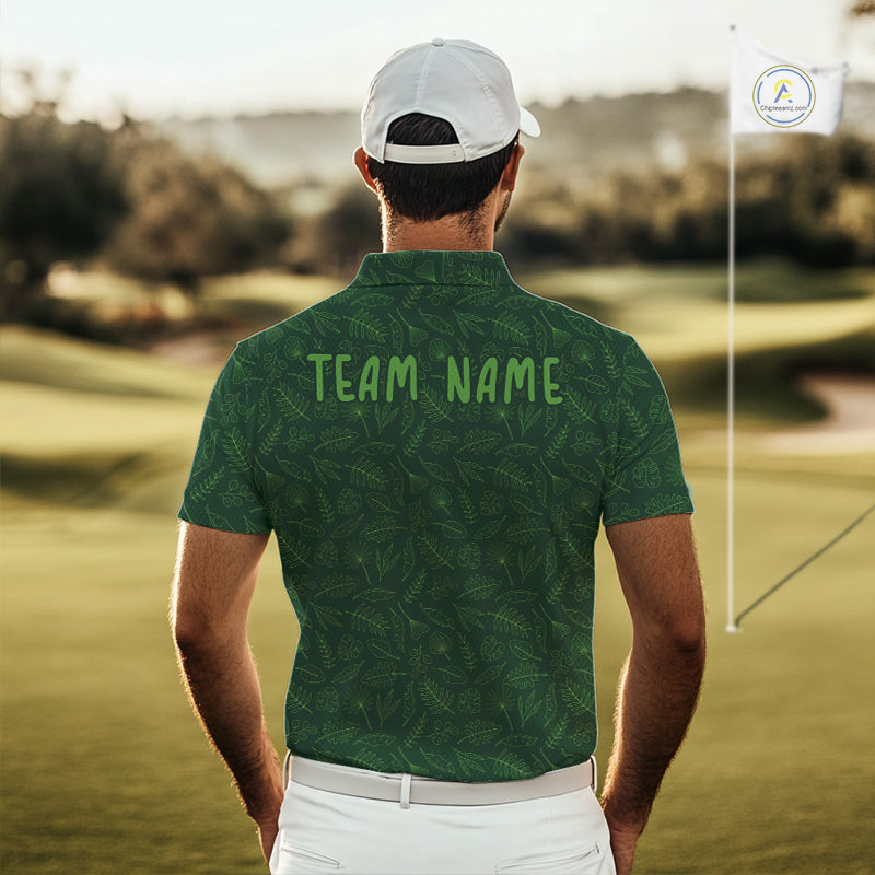 Custom team name golf polo shirt with green leaf pattern, short sleeve NHT938