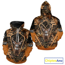 Load image into Gallery viewer, Personalized Whitetail Deer Hunting 3D All Over Printed Hoodie Brown Autumn Leaves Camo NHT314