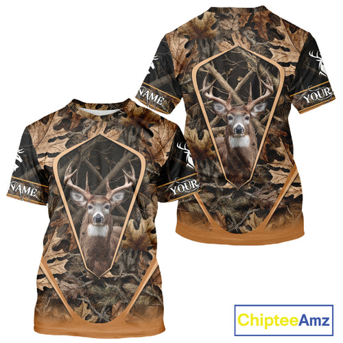Personalized Whitetail Deer Hunting 3D All Over Printed Hoodie Brown Autumn Leaves Camo NHT314