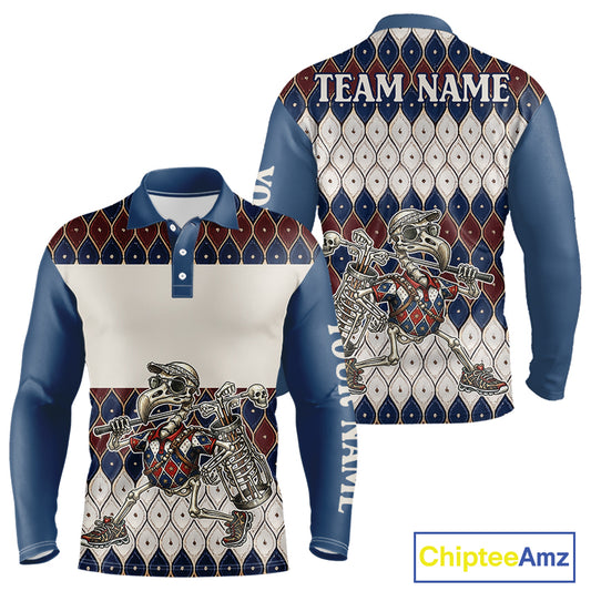 Custom Blue Red Argyle Mens Golf Polo Shirt Skull Flamingo Design, Personalized Team Name Shirt NHT794