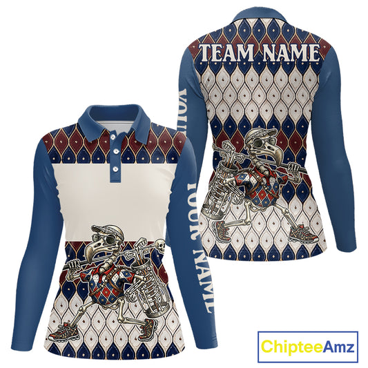 Custom Blue Red Argyle Womens Golf Polo Shirt Skull Flamingo Design, Personalized Team Name Shirt NHT794
