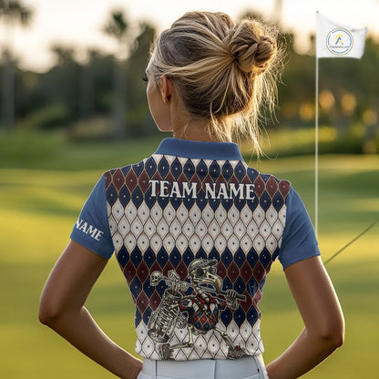 Custom Blue Red Argyle Womens Golf Polo Shirt Skull Flamingo Design, Personalized Team Name Shirt NHT794