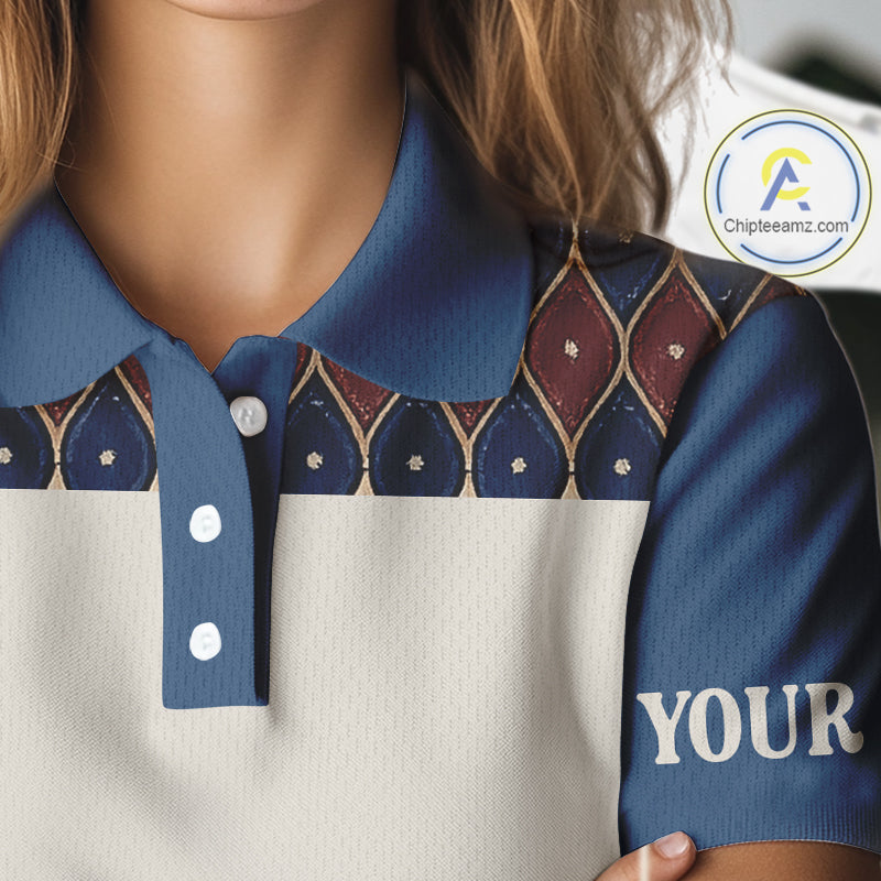 Custom Blue Red Argyle Womens Golf Polo Shirt Skull Flamingo Design, Personalized Team Name Shirt NHT794