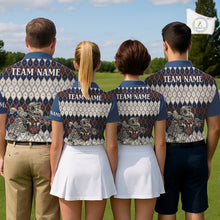 Load image into Gallery viewer, Custom Blue Red Argyle Womens Golf Polo Shirt Skull Flamingo Design, Personalized Team Name Shirt NHT794