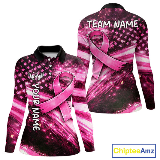 Personalized Breast Cancer Awareness Polo Shirt American Flag Pink Ribbon – Golf Gift For Women NHT799
