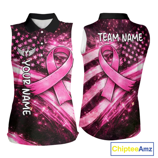 Personalized Breast Cancer Awareness Sleeveless Women Polo Shirt American Flag Pink Ribbon – Golf Gift For Women NHT799