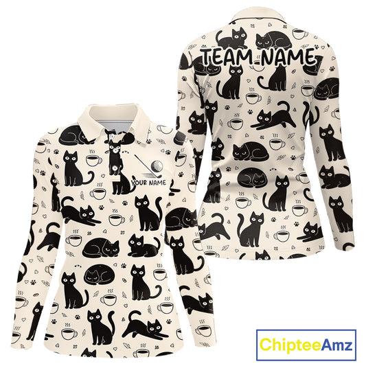 Personalized Black Cat Lover Golf Polo Shirt – Custom Name Cute Cat Pattern Shirt For Women NHT801