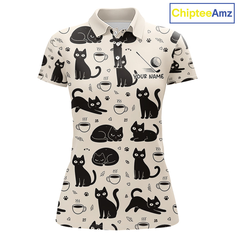 Personalized Black Cat Lover Golf Polo Shirt – Custom Name Cute Cat Pattern Shirt For Women NHT801