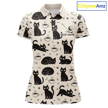 Load image into Gallery viewer, Personalized Black Cat Lover Golf Polo Shirt – Custom Name Cute Cat Pattern Shirt For Women NHT801