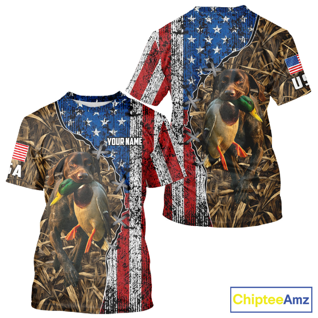 Mallard Duck Hunting Shirt Personalized Camo With German Shorthaired Pointer US Flag Clothes NHT160