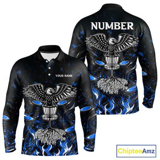 Personalized Mens Disc Golf Polo Shirt With Eagle Design, Customizable Name, Unisex Sports Jersey For Men|Blue NHT811