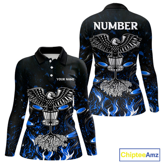 Personalized Womens Disc Golf Polo Shirt With Eagle Design, Customizable Name, Unisex Sports Jersey For Womens |Blue NHT811