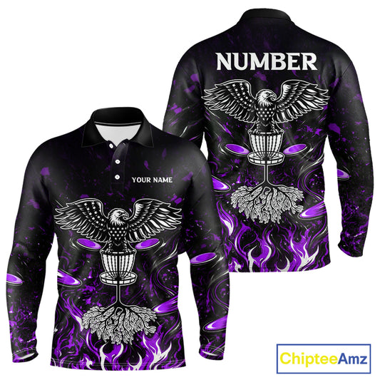 Personalized Mens Disc Golf Polo Shirt With Eagle Design, Customizable Name, Unisex Sports Jersey For Men|Purple NHT813