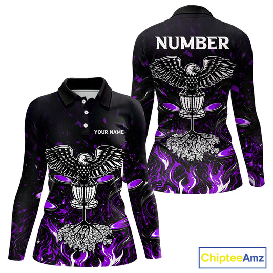 Personalized Womens Disc Golf Polo Shirt With Eagle Design, Customizable Name, Unisex Sports Jersey For Womens|Purple NHT813