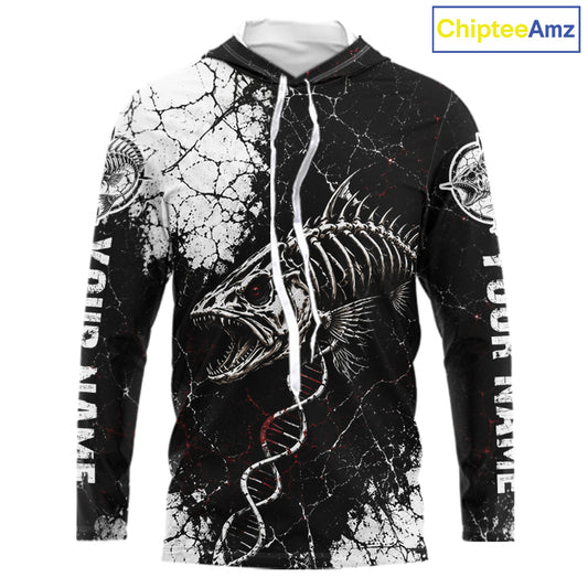 Skeleton Fish Long Sleeve Hooded Shirt DNA Helix Graphic Fishing Lover 3D Print Angler Gift Apparel For Men