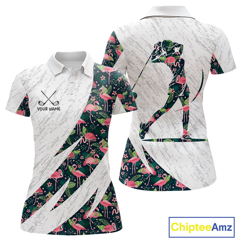 Flamingo Womens Golf Polo Shirts, Colorful Tropical Flamingo Pattern, Tropical Golf Shirt NHT590
