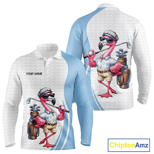 Blue Funny Flamingo Polo Shirt, Golf Polo Shirts Custom Name, Flamingo Golf Shirts For Men NHT594
