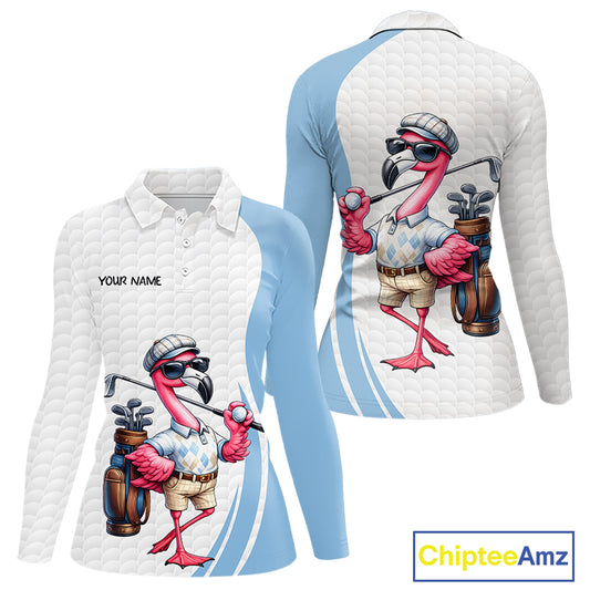 Blue Funny Flamingo Polo Shirt For Womens, Golf Polo Shirts Custom Name, Flamingo Golf Shirts NHT594