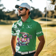 Load image into Gallery viewer, Personalized Tropical Leaf Green Golf Cart Design, Custom Flamingo Funny Mens Golf Polo Shirt  NHT596