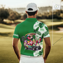 Load image into Gallery viewer, Personalized Tropical Leaf Green Golf Cart Design, Custom Flamingo Funny Mens Golf Polo Shirt  NHT596