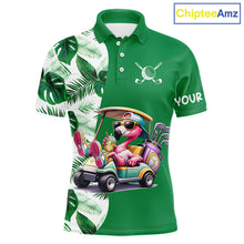 Load image into Gallery viewer, Personalized Tropical Leaf Green Golf Cart Design, Custom Flamingo Funny Mens Golf Polo Shirt  NHT596