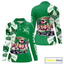 Load image into Gallery viewer, Personalized Tropical Leaf Green Golf Cart Design, Custom Flamingo Funny Womens Golf Polo Shirt  NHT596
