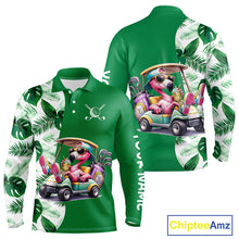 Load image into Gallery viewer, Personalized Tropical Leaf Green Golf Cart Design, Custom Flamingo Funny Mens Golf Polo Shirt  NHT596