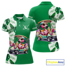 Load image into Gallery viewer, Personalized Tropical Leaf Green Golf Cart Design, Custom Flamingo Funny Womens Golf Polo Shirt  NHT596