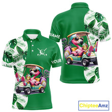 Load image into Gallery viewer, Personalized Tropical Leaf Green Golf Cart Design, Custom Flamingo Funny Mens Golf Polo Shirt  NHT596