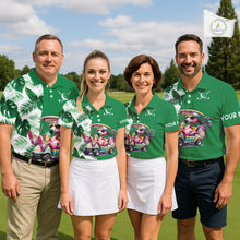 Load image into Gallery viewer, Personalized Tropical Leaf Green Golf Cart Design, Custom Flamingo Funny Mens Golf Polo Shirt  NHT596