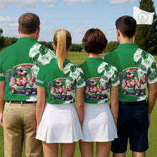 Load image into Gallery viewer, Personalized Tropical Leaf Green Golf Cart Design, Custom Flamingo Funny Mens Golf Polo Shirt  NHT596