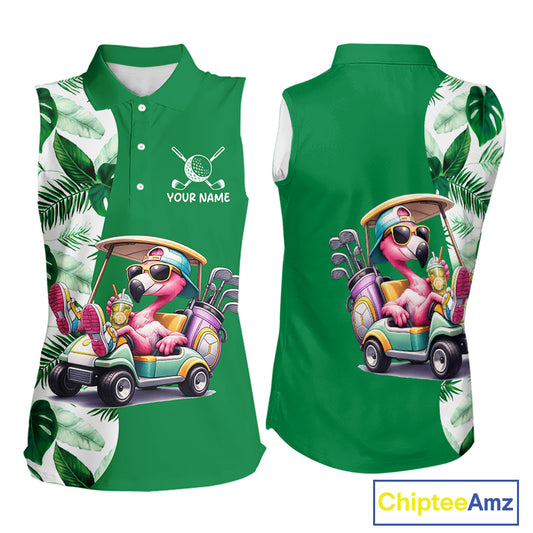 Personalized Tropical Leaf Green Golf Cart Design, Custom Flamingo Funny Womens Sleeveless Golf Polo Shirt  NHT596