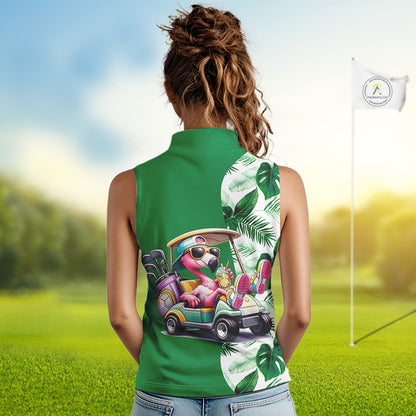 Personalized Tropical Leaf Green Golf Cart Design, Custom Flamingo Funny Womens Sleeveless Golf Polo Shirt  NHT596