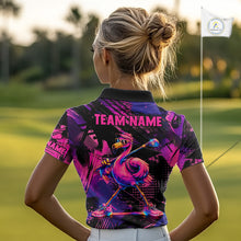 Load image into Gallery viewer, Person wearing a colorful golf shirt with a flamingo design on a golf course