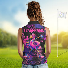 Load image into Gallery viewer, Woman wearing a colorful flamingo-themed sleeveless shirt with 'TEAM NAME' text on a golf course.