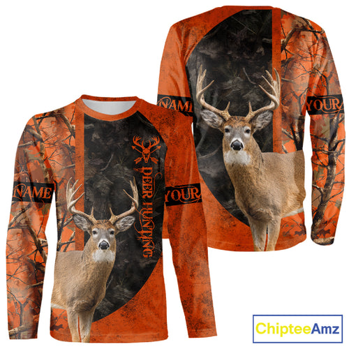 Whitetail Deer Hunting Orange Camo 3D All Over Printed Shirt, Custom Name Hunting Shirt NHT259