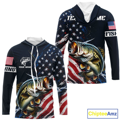 Bass Fishing Shirt Long Sleeve Hooded USA Flag, Custom Name Jersey