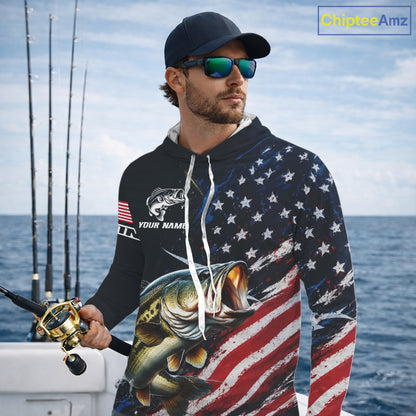 Bass Fishing Shirts Long Sleeve Hooded American USA Flag Camo Custom Name, Fishing Jersey For Men NHT959