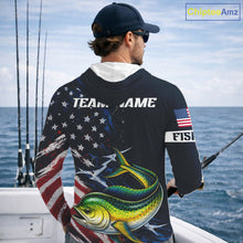 Load image into Gallery viewer, Mahi Mahi Fishing Shirts Long Sleeve Hooded American USA Flag Camo Custom Name, Fishing Jersey For Men NHT960