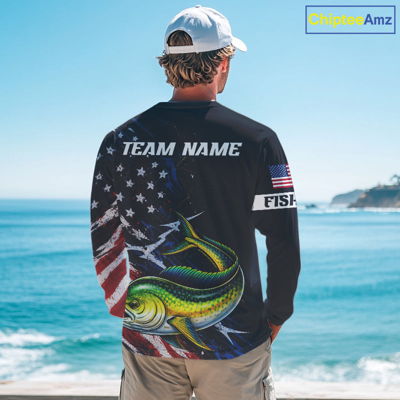Mahi Mahi Fishing Shirts Long Sleeve American USA Flag Camo Custom Name, Fishing Jersey For Men NHT960